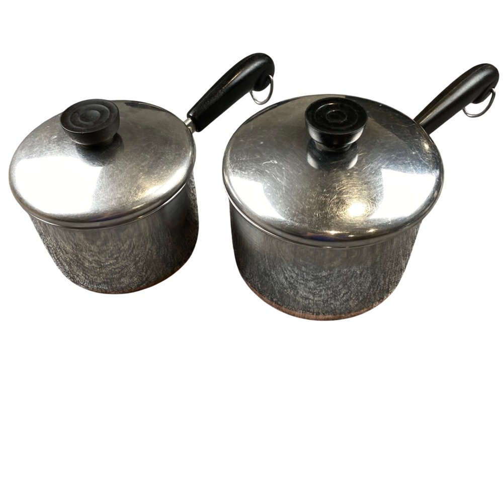 Vintage Revere Ware Lot 2 Sauce Pans 1.5 Qt & 2 Qt Copper Bottom Lids Rome NY